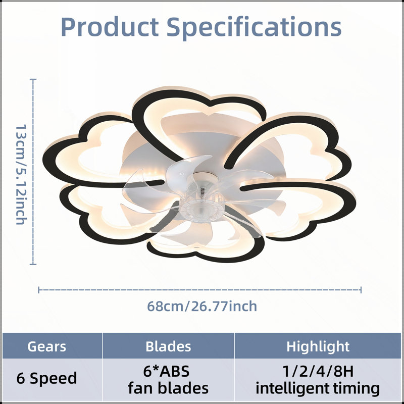 Ventilateur de plafond 26,7 po noir avec lumières, télécommande, 3 températures de couleur et 6 vitesses de vent pour les maisons modernes