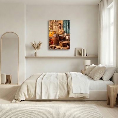 Carved Wooden Drums and Tribal Masks on Woven Mat Canvas Wall Art