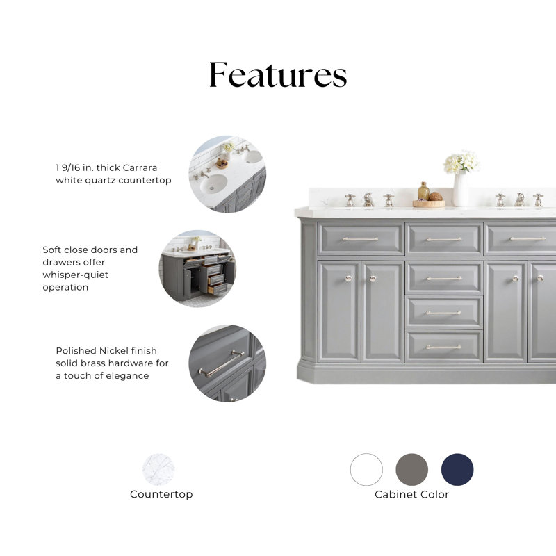 60" Palace Collection Quartz Carrara Cashmere Grey Bathroom Vanity Set With Hardware And F2-0009 Faucets in Chrome Finish