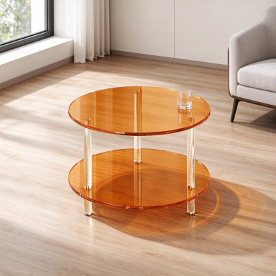 Acrylic Round Coffee Table with Storage Shelf, Modern Two-Tier Circle Center Table for Living Room, Office Reception and Apartment
