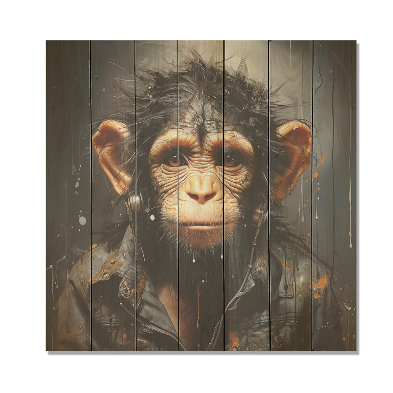 Jungle en costume - Portrait de singe I - animal singe sur bois, H 36 po x l 36 po