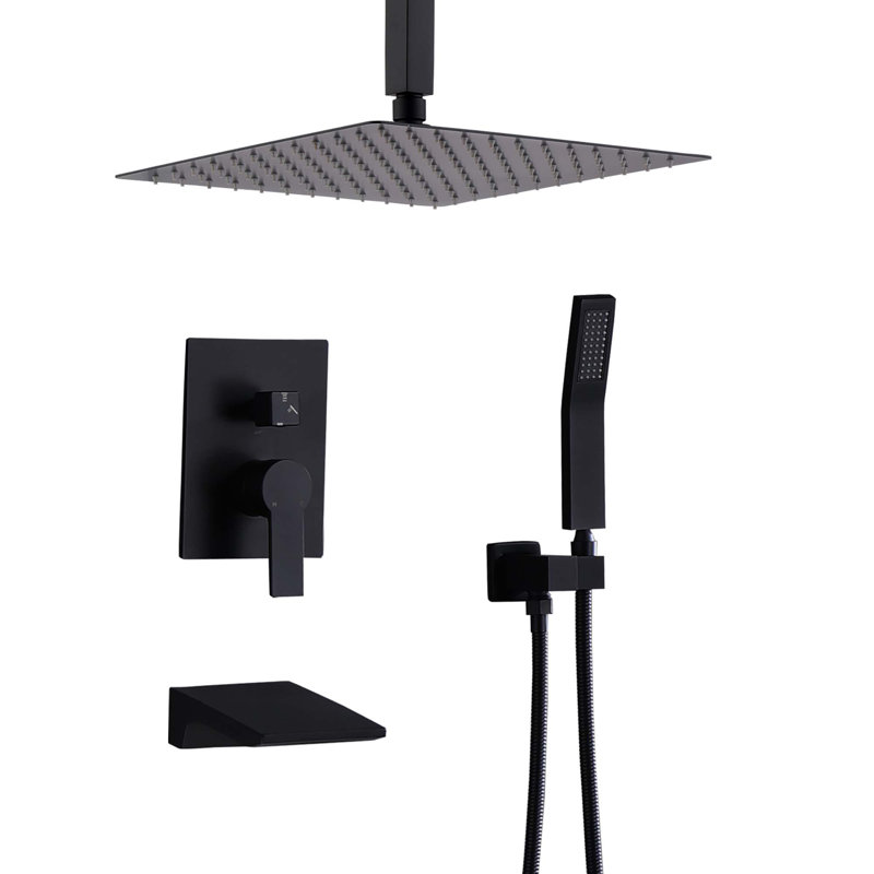Modern Matte Black Celling Mount Shower System with High Pressure Shower Head, Handheld, Rough-in Valve Body & Trim Included