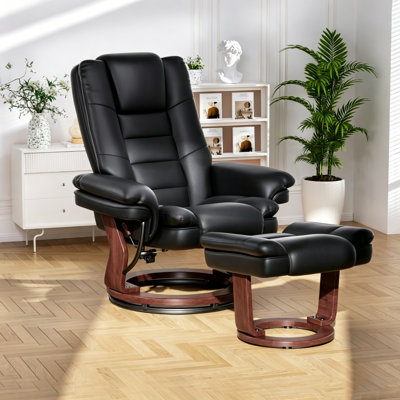 Fauteuil inclinable pivotant avec repose-pieds, inclinable réglable en cuir de polyuréthane avec base en bois, coussin rembourré épais, ensemble de fauteuil inclinable moderne et repose-pieds pour salon, chambre à coucher, bureau, petits espaces