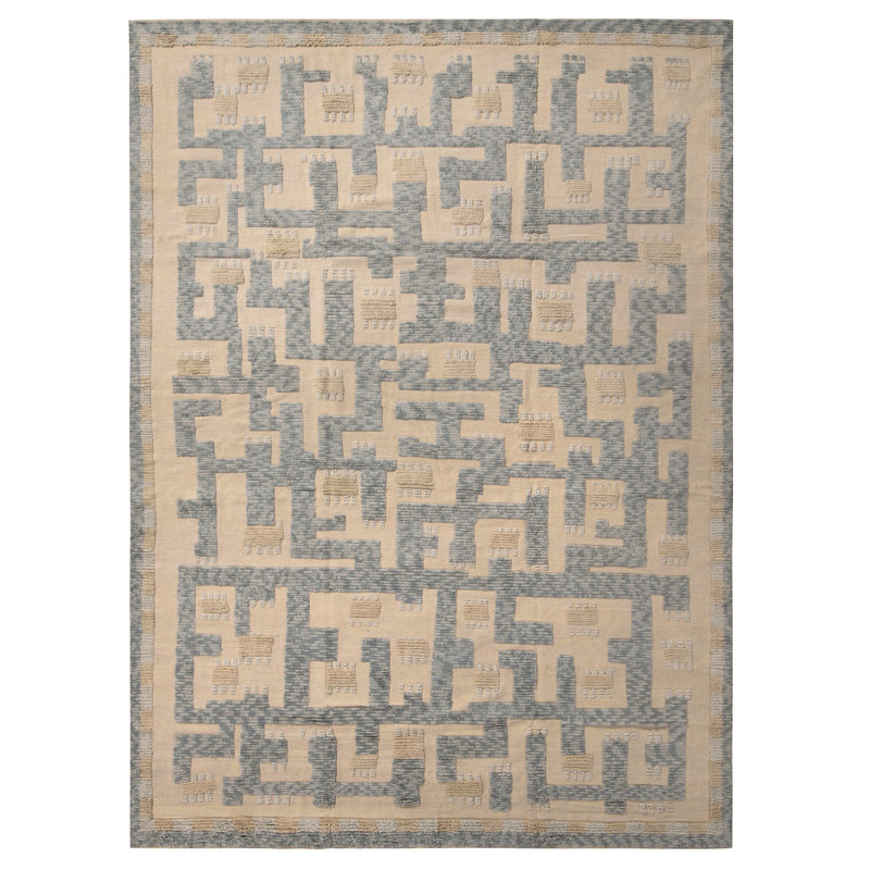 Rug & Kilim’S Scandinavian Geometric Cream & Blue Wool Pile Rug, Rectangle 12' x 15'