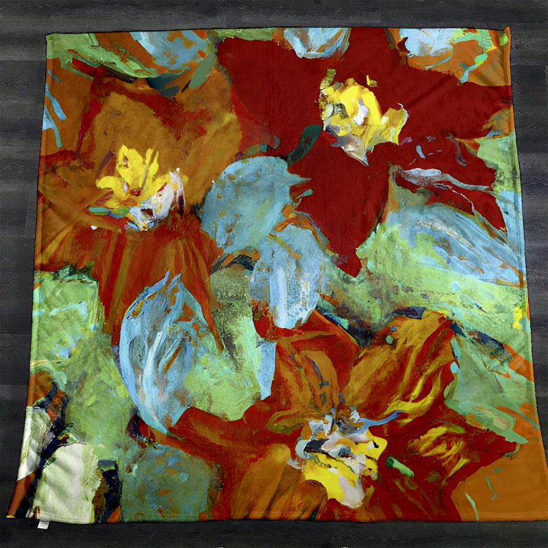Throw Blanket, 68" W x 80" L, Floral/Abstract, Red/Blue/Green/Yellow