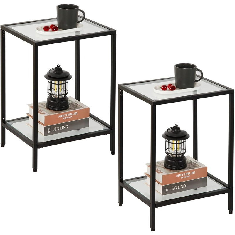 Modern 2-Tier Tempered Glass End Table – Black Metal Side Table For Small Spaces, 2