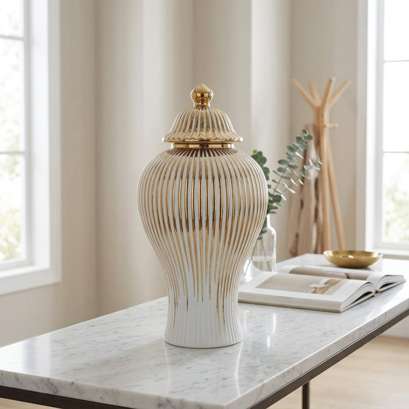 Urne décorative Gaida, Blanc / Doré, Grand