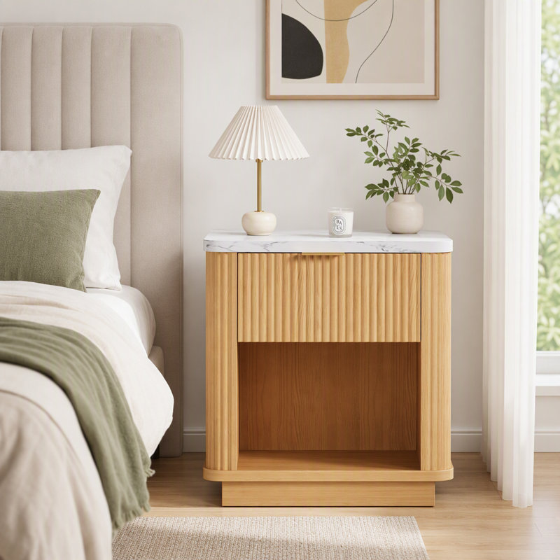 Table de chevet en bois avec tiroir de rangement et tablette ouverte, Natural, Individuel