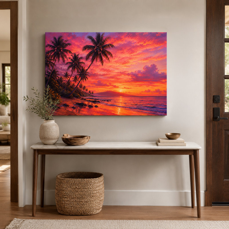 «Magenta Island Sunset», art mural tendu sur un palmier tropical, 24"H x 36"W x 1.5"D