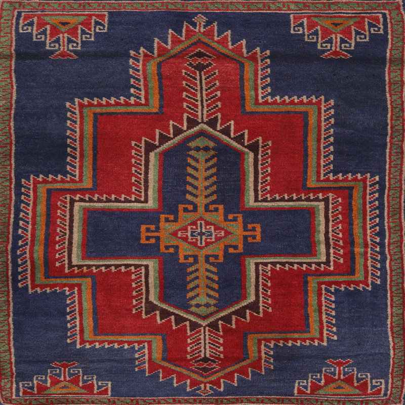Tapis traditionnel rouge / bleu, Carré 5 pi