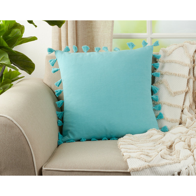 Housse et insert de coussin carré en coton à pampilles, Turquoise, Mélange de duvet