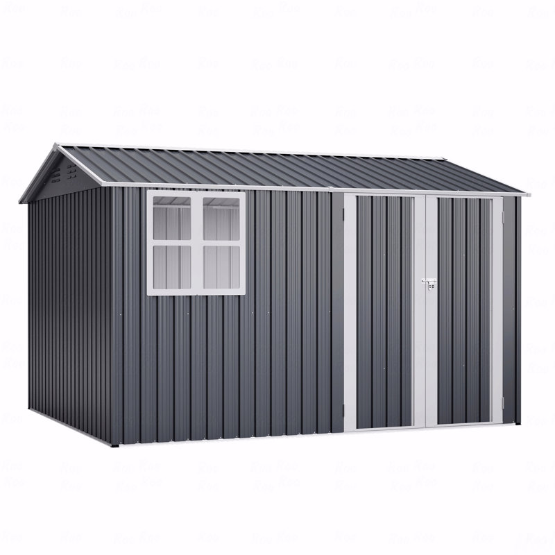 10X8FT Outdoor Steel Storage Shed With Clear Window, Lockable Doors, Weather-Resistant Metal Tool Shed