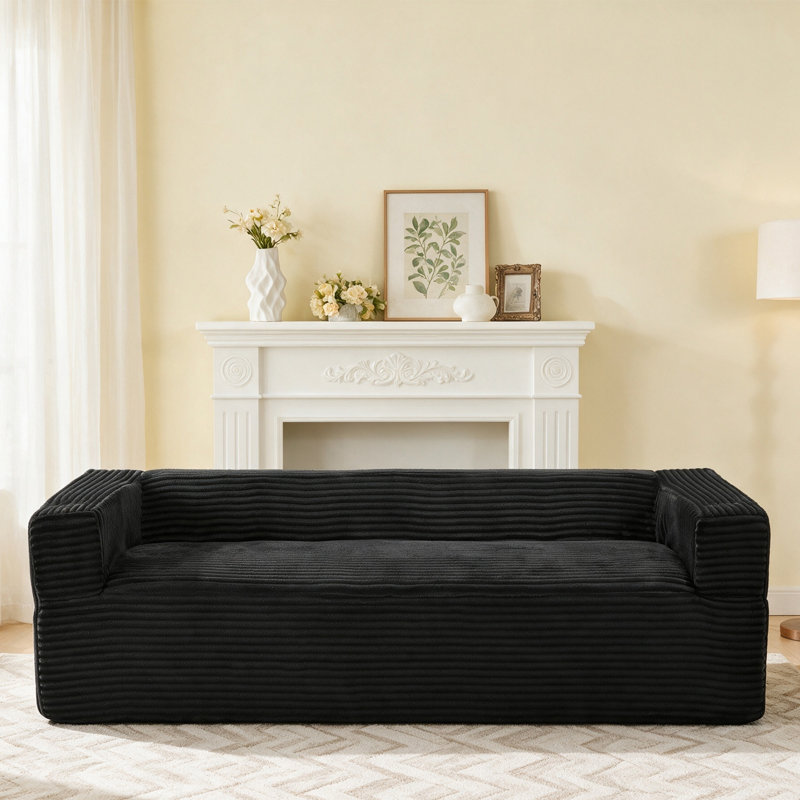 Canapé à compression en velours côtelé de 92 po avec porte-gobelets et rangement Boneless, Noir