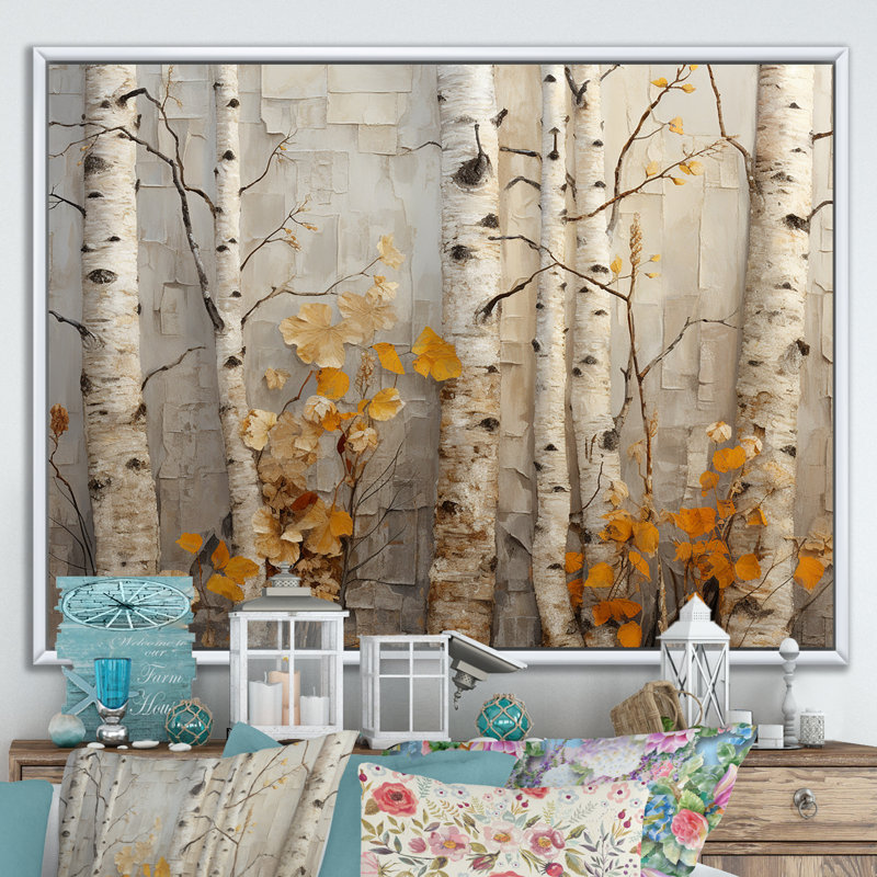 Élégance de bouleau d'automne - art mural grand arbre, Cadre flottant blanc, H 34 po x l 44 po x P 1,5 po