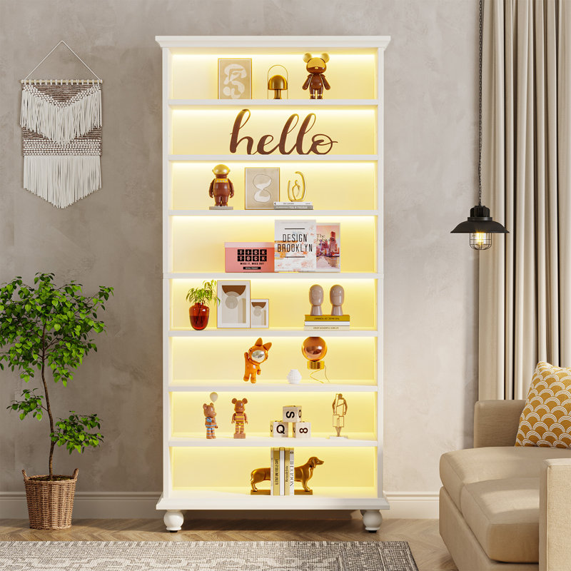 Orthman 68.9" H x 28.35" W Open Bookcase Bookshelf with Adjustable Shelf and Multicolor LED Lights, White