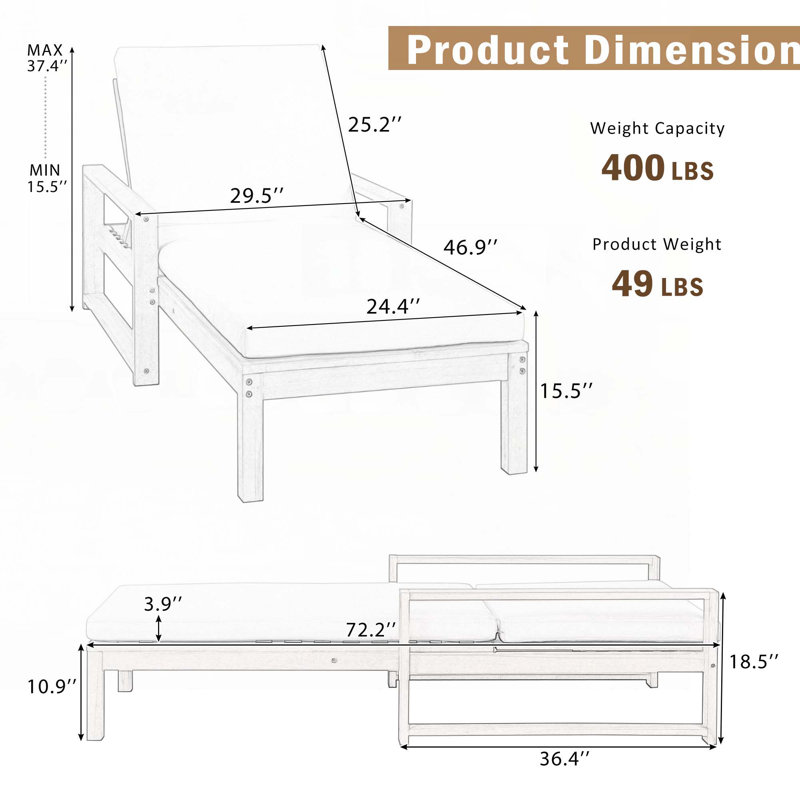 Chaise longue d'extérieur pour patio avec coussin et dossier réglable, Gris