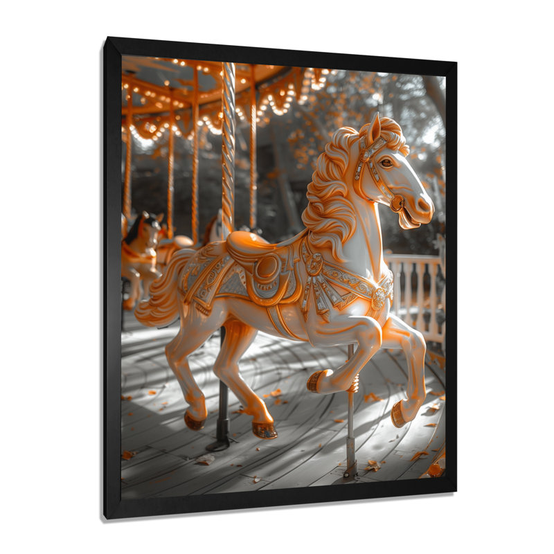 Carrousel de cheval de conte de fées doré et blanc doré, H 20 po x l 12 po x P 1 po, Toile encadrée noire simple