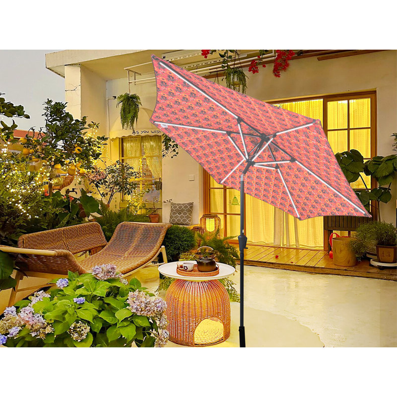 Parasol de patio 9 pi avec lumières DEL, parasol à motif orange avec manivelle et inclinaison | Idée de cadeau, Orange clair