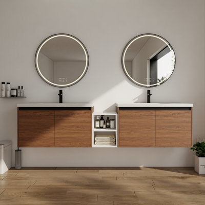 Meuble-lavabo mural 84 po avec double lavabo de comptoir en résine, armoire de salle de bain flottante moderne avec 4 portes à fermeture douce et tablettes de rangement ouvertes, ébène brun, blanc brillant