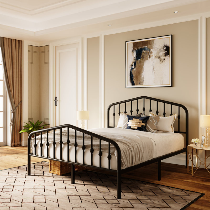 Fordingbridge Black Metal Platform Bed with Vintage-Style Headboard and Footboard, Black, Queen