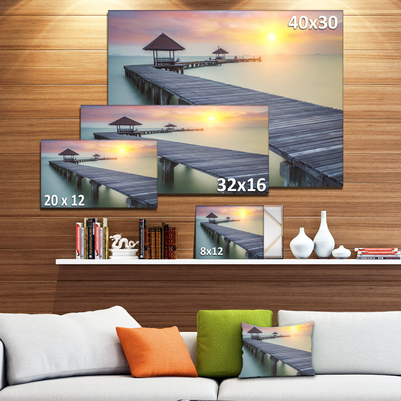 Wooden Sea Bridge and Sunset Canvas Print, 32x16, Blue