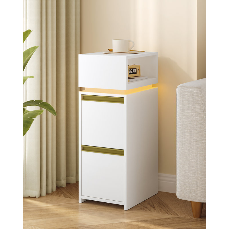 Slim Bedside Table, Set of 2, Bedside Cabinet with LED Lighting, Small Nightstand with 2 Drawers and 1 Open Space, Side Table, for Bedroom, Living Room, Modern, White 