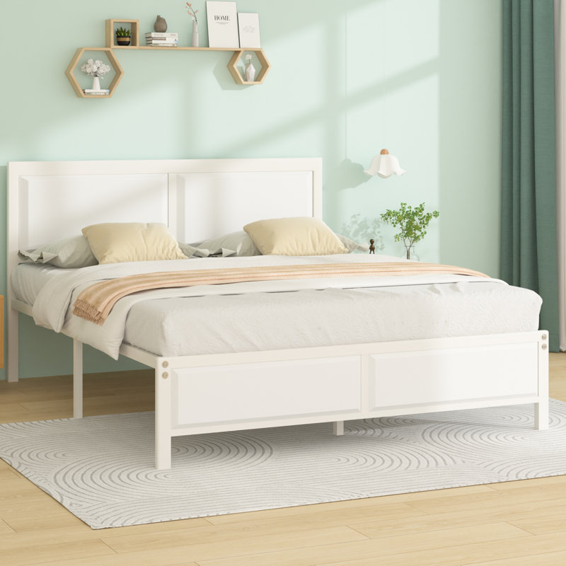 Kempst Queen Size White Metal Bed Frame with Wooden Headboard & Footboard, Rustic Farmhouse Platform Bed with Heavy Duty Steel Slats Support, No Box Spring Needed