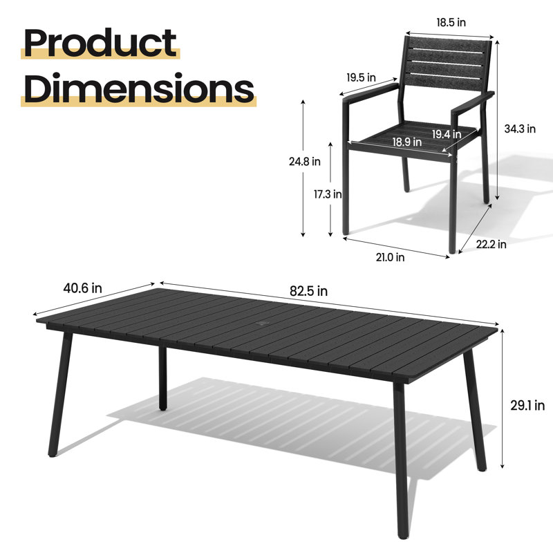 Ensemble repas de patio en métal pour 6 personnes avec table rectangulaire Currington, Noir, 6