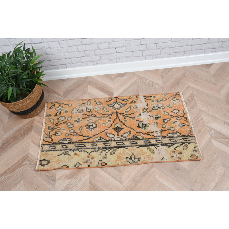 Small Vintage Turkish Anatolian Rug in Orange for Wall Hanging or Boho Style Floor Mat