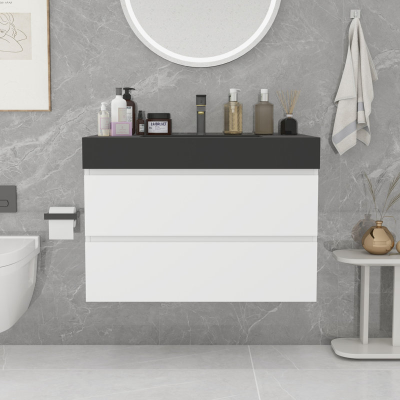 Meuble-lavabo moderne avec lavabo, Blanc, Noir