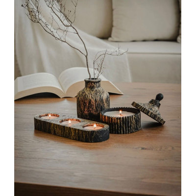 Ensemble de bougies élégantes 3 pièces, béton noir | Comprend un vase de 3,9 po x 2,8 po, un bougie chauffe-plat 3,5 po x 3,5 po et un chandelier 11,0 po x 2,4 po | Parfumée vanille et ambre, temps de combustion de 10 à 12 heures | Parfait pour la décoration intérieure et la détente