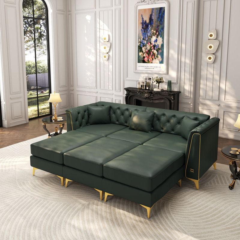 Canapé 3 places avec 3 repose-pieds et 3 coussins pour le salon, appartement, Green Faux Leather