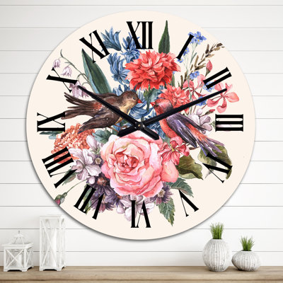 Bouquet floral avec roses, jacinthes et oiseaux - Horloge murale traditionnelle