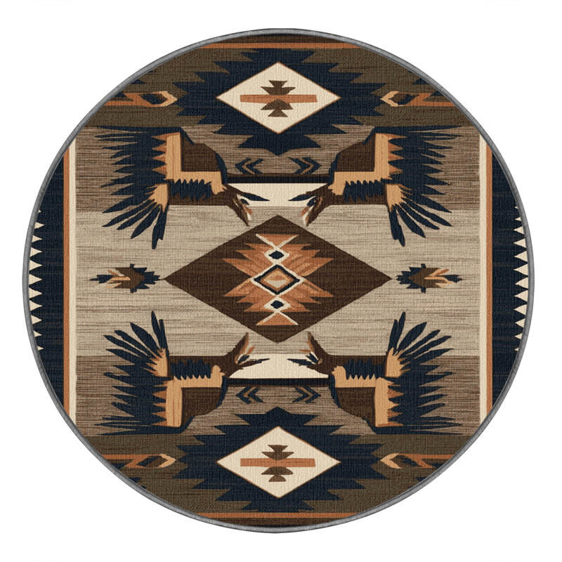 Washable Roadrunner Southwestern Area Rug, Round 8' x 8'