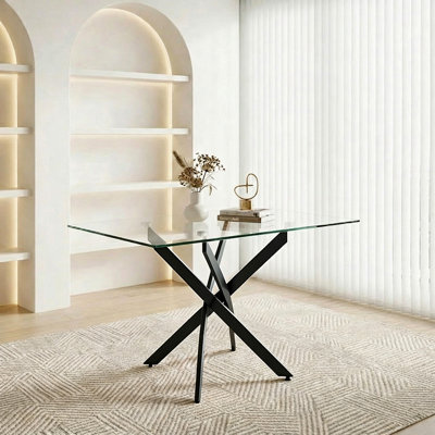 Rectangular Glass Dining Table With Black Legs, Modern And Sleek For Home Kitchen And Dining Room