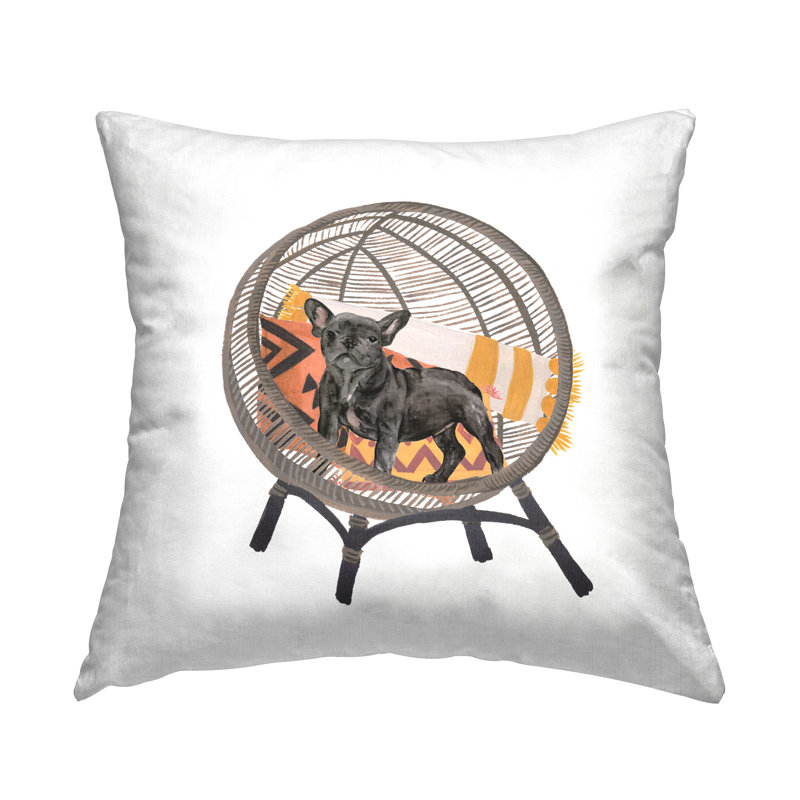 Black Puppy Dog Boho Woven Chair Design Throw Pillow Set