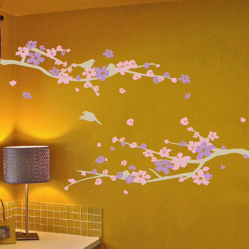 Décalcomanie murale petites fleurs de cerisier, 34" H x 41" lx 0.01" D, Brun / Rose / Mauve