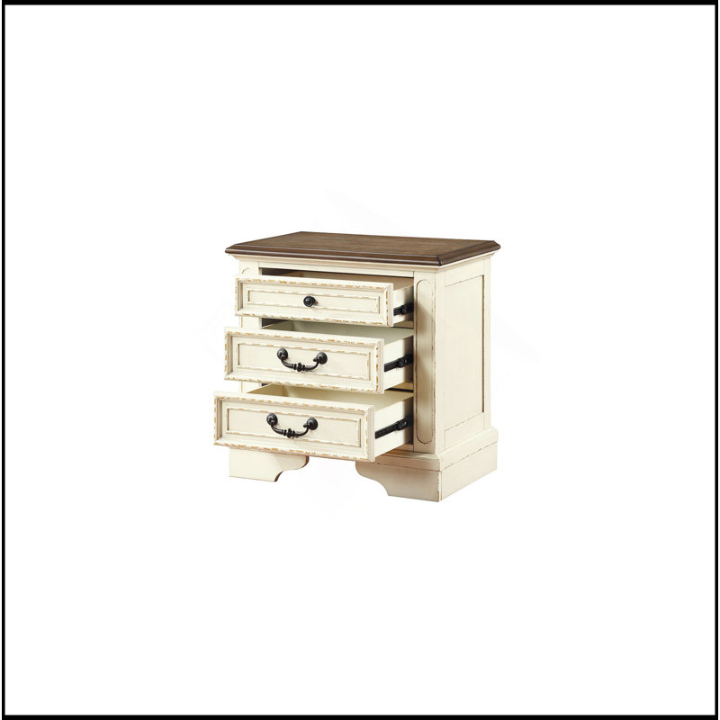 Table de chevet 3 tiroirs de style traditionnel en bois beige antique