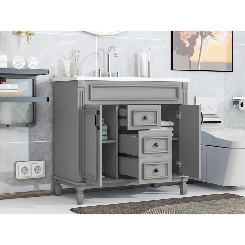 Meuble-lavabo 36 po avec lavabo supérieur, armoire de rangement moderne avec 2 portes à fermeture douce et 2 tiroirs, Gris
