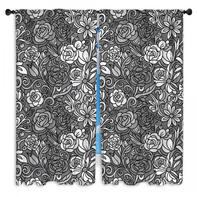 Rideaux de fenêtre noirs et blancs transparents à motif floral - 2 panneaux