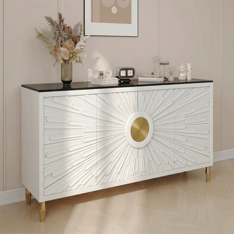 63'' Modern White Sideboard Buffet with Sintered Stone Top & Gold Legs, White