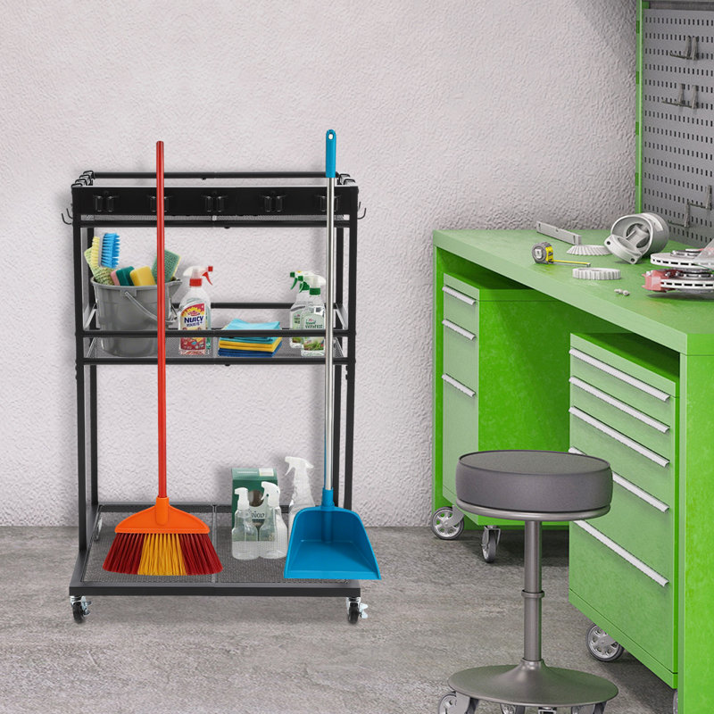 Organisateur d'outils de jardin, porte-balais avec rangement pour produits de nettoyage, chariot de rangement pour produits de nettoyage