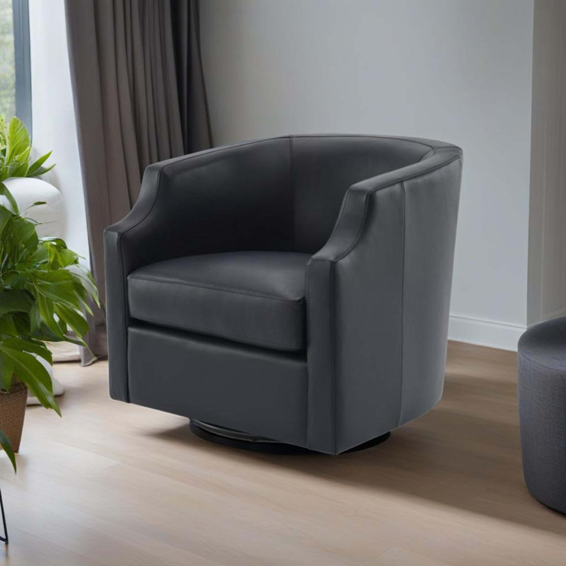 Cathy 29" Wide Top Grain Swivel Barrel Chair, Blue Faux Leather