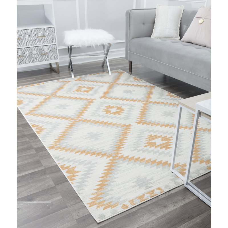 Tapis à motif tribal Mecca Bodrum BubbleGum, Rectangle 8 pi 9 po x 12 pi, Ivoire / orange / gris