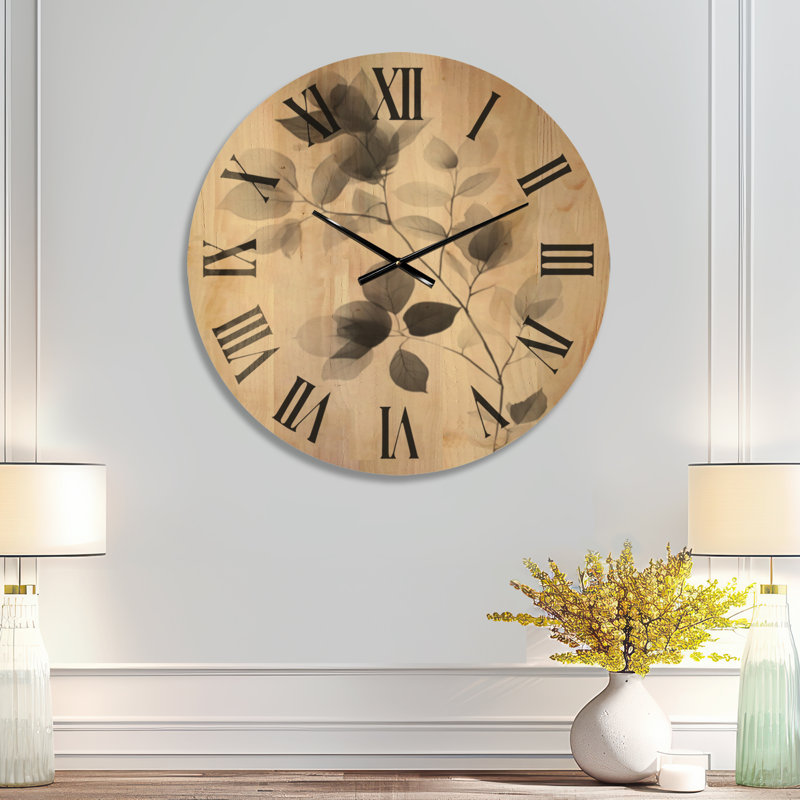Horloge murale ronde scandinave grise, motif feuille translucide, imprimée sur bois massif, Grand