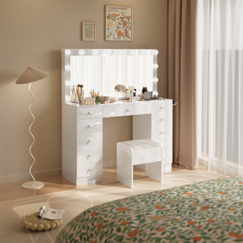 Greyden Vanity Set with Glass Top, Makeup Vanity with Outlets and 11 Drawers