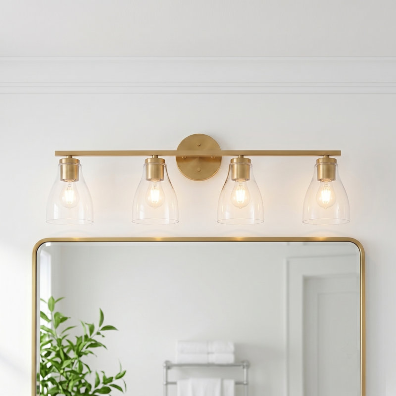 Éclairage pour meuble-lavabo à intensité variable Keston, H 10 po x l 31,7 po x P 6,5 po, Laiton brossé, Quatre lumières