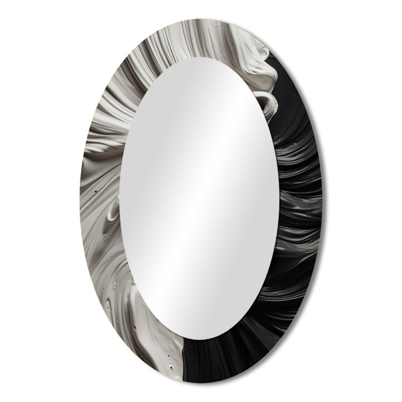 Phillisa Black White Marbled Dreamscape I - Geometric Mirror, Black Unique Wall Mirror, Printed Metal Art, 43" x 33", Oval