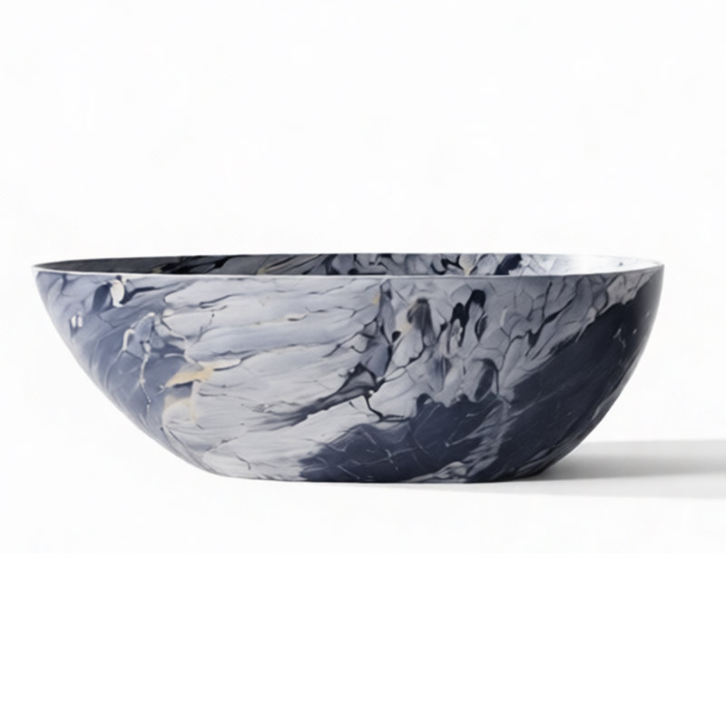CASAINC 59"x 30.65" Freestanding Solid Surface Soaking Bathtub,Egg-Shaped with Marble Look, Grey Marble