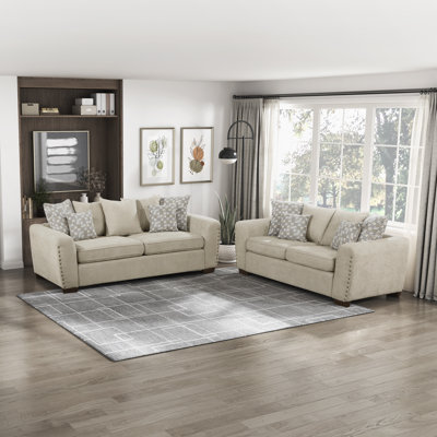 Langara Transitional Chenille 2-Piece Living Room Set with Elegant Nailhead Trim, Reversible Cushions & 13 Included Accent Pillows
